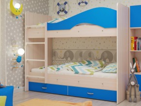 Кровать 2-х ярусная Мая с ящиками на латофлексах млечный дуб/синий в Карабаше - karabash.mebel74.com | фото